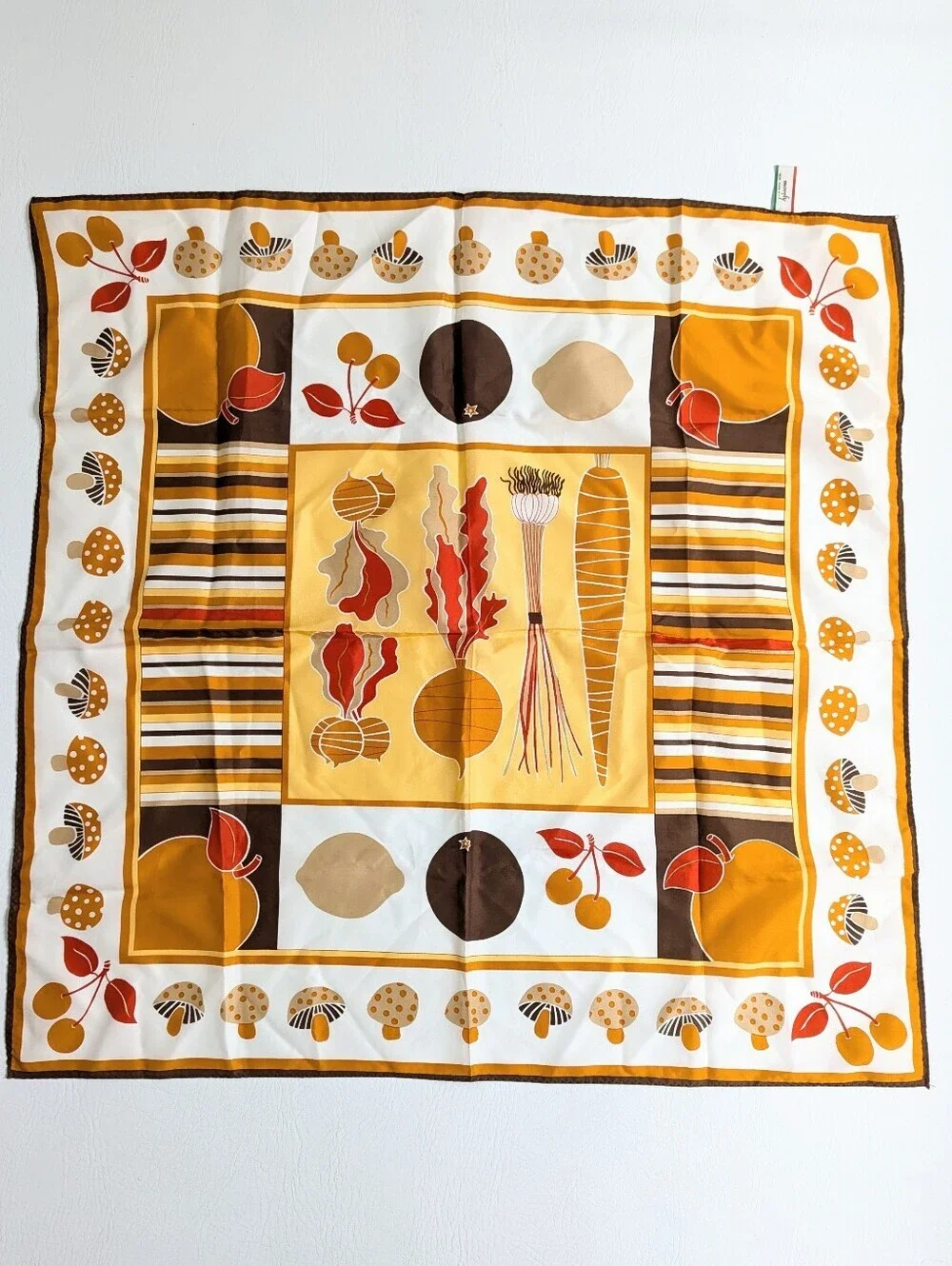 Vtg Morsly NY 70's Mushroom Cherries Vegetable Square Scarf Japan Mod